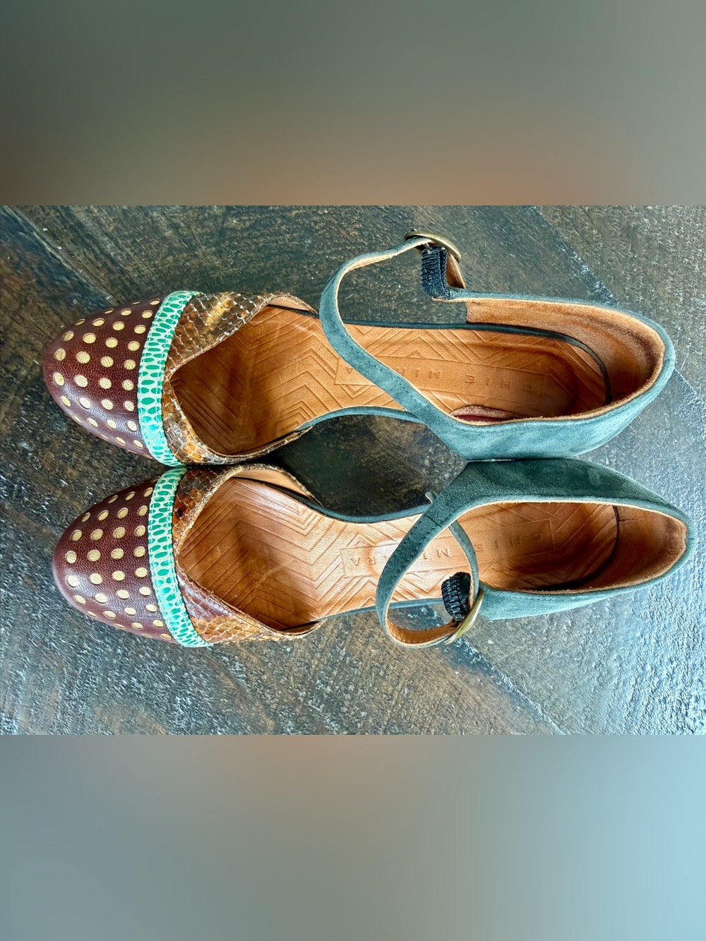 Chie Mihara Ankle Strap Platform Heels in Brown, Grey and Green - Picture 8 of 11